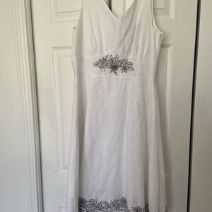 Arianne White Midi Dress with Black Floral Embroidery